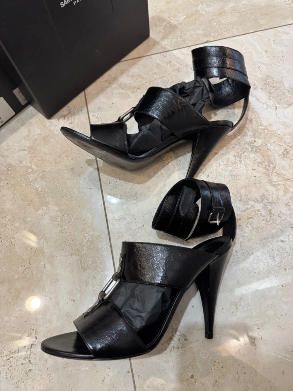 Saint Laurent Paris Black Leather Ankle Strap Stiletto Heels